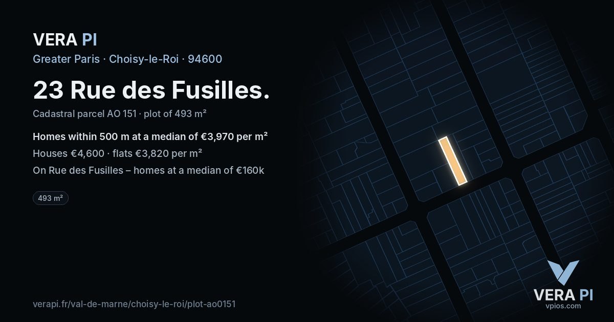 23 Rue des Fusilles, Choisy-le-Roi at night – the plot lit, the parcels around coloured by the prices near them