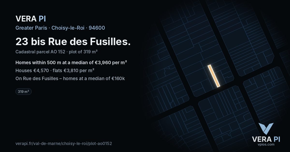23 bis Rue des Fusilles, Choisy-le-Roi at night – the plot lit, the parcels around coloured by the prices near them