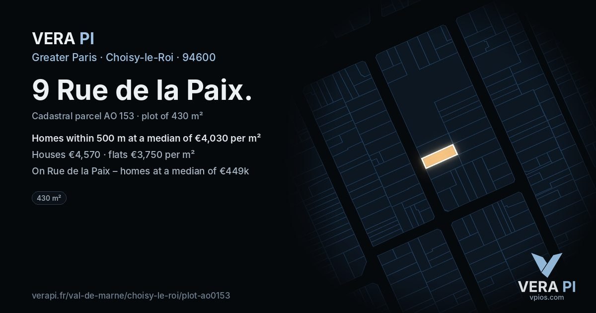 9 Rue de la Paix, Choisy-le-Roi at night – the plot lit, the parcels around coloured by the prices near them