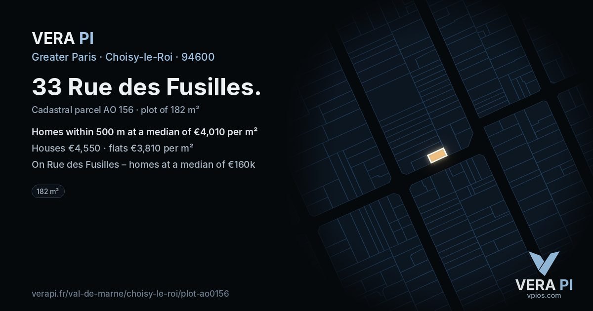 33 Rue des Fusilles, Choisy-le-Roi at night – the plot lit, the parcels around coloured by the prices near them