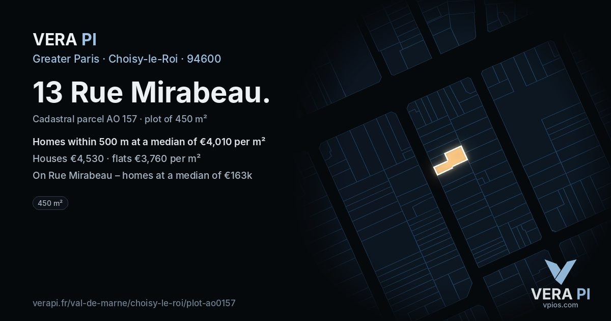 13 Rue Mirabeau, Choisy-le-Roi at night – the plot lit, the parcels around coloured by the prices near them
