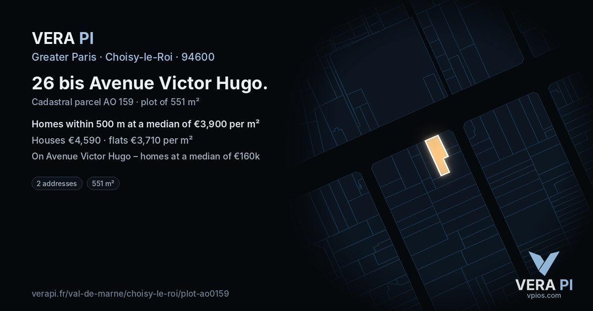 26 bis Avenue Victor Hugo, Choisy-le-Roi at night – the plot lit, the parcels around coloured by the prices near them