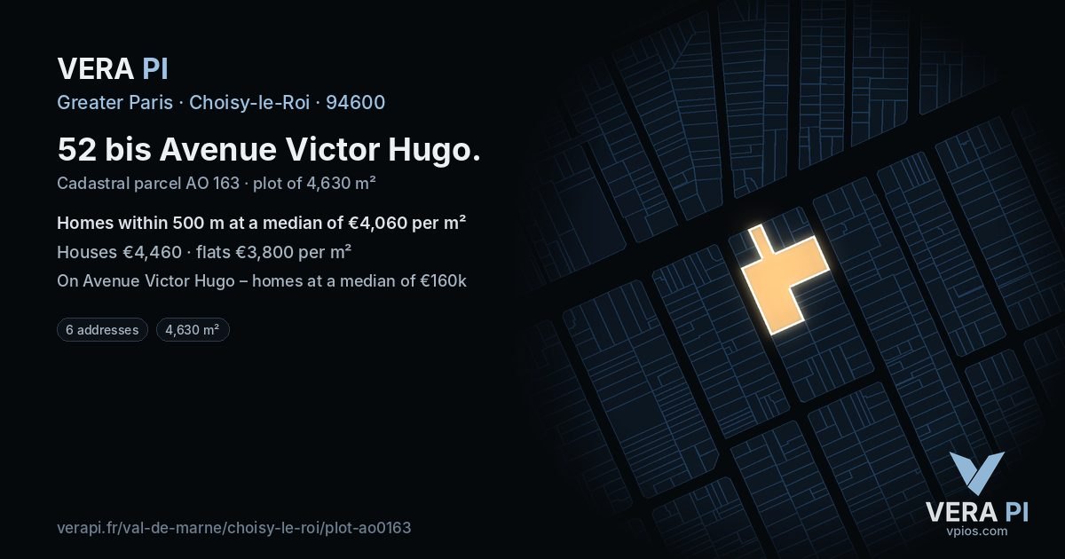 52 bis Avenue Victor Hugo, Choisy-le-Roi at night – the plot lit, the parcels around coloured by the prices near them