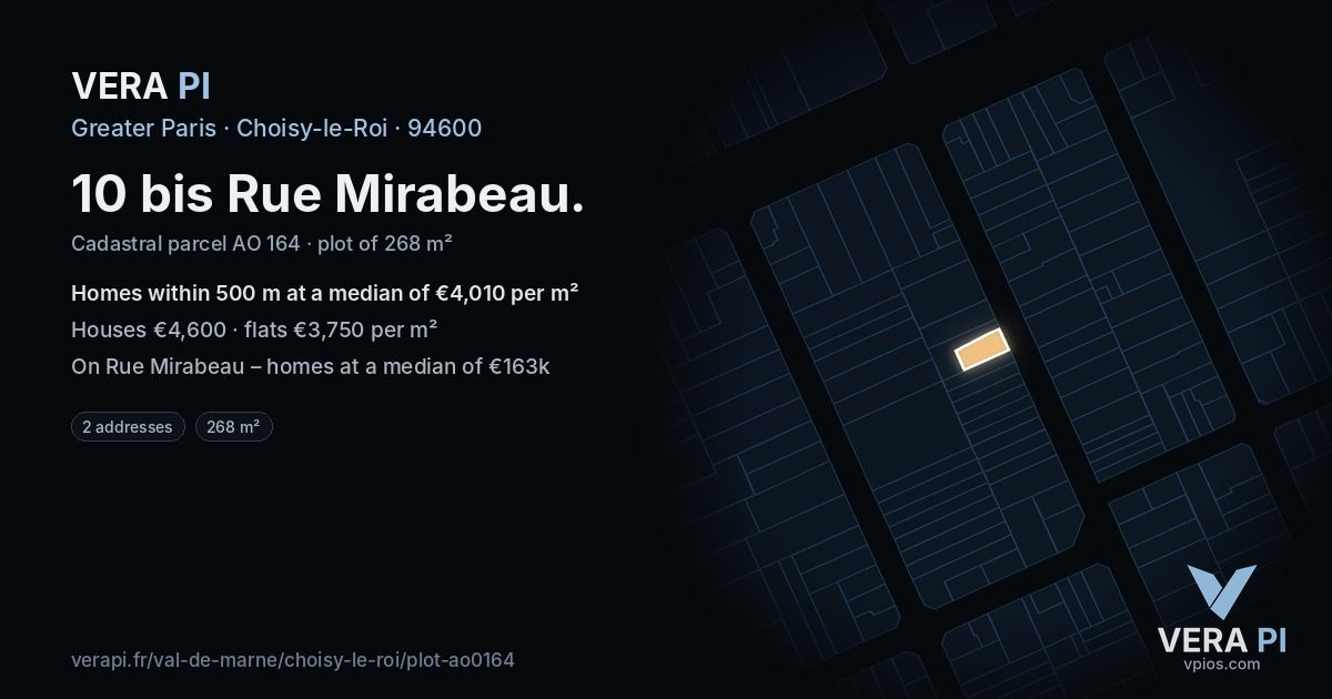 10 bis Rue Mirabeau, Choisy-le-Roi at night – the plot lit, the parcels around coloured by the prices near them