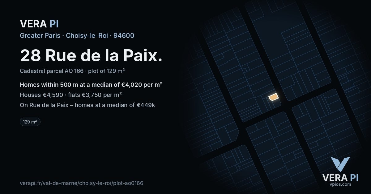 28 Rue de la Paix, Choisy-le-Roi at night – the plot lit, the parcels around coloured by the prices near them