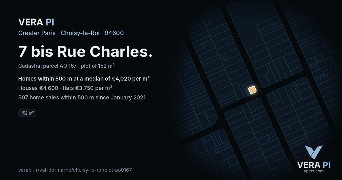 7 bis Rue Charles, Choisy-le-Roi at night – the plot lit, the parcels around coloured by the prices near them