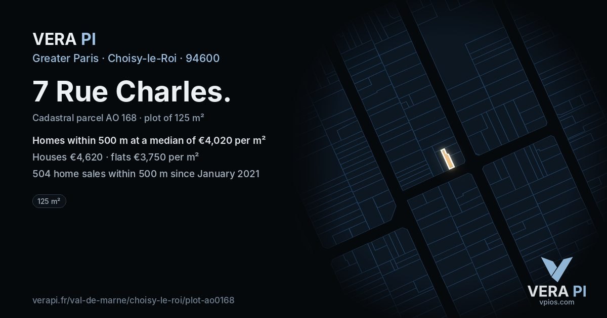 7 Rue Charles, Choisy-le-Roi at night – the plot lit, the parcels around coloured by the prices near them