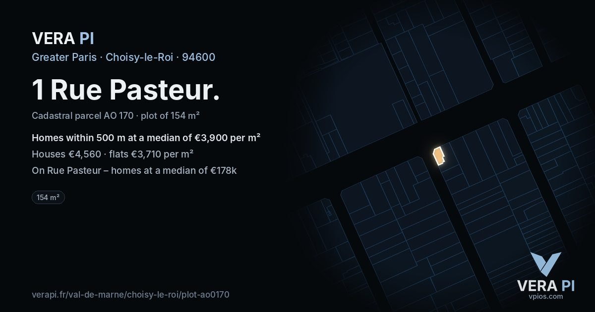 1 Rue Pasteur, Choisy-le-Roi at night – the plot lit, the parcels around coloured by the prices near them
