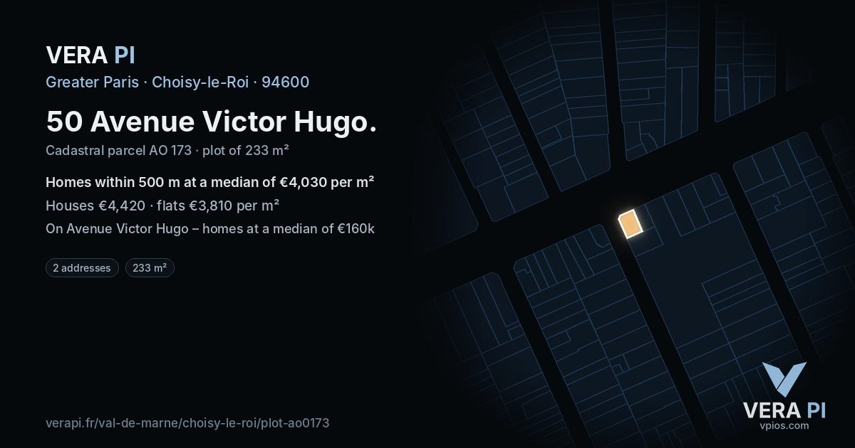 50 Avenue Victor Hugo, Choisy-le-Roi at night – the plot lit, the parcels around coloured by the prices near them