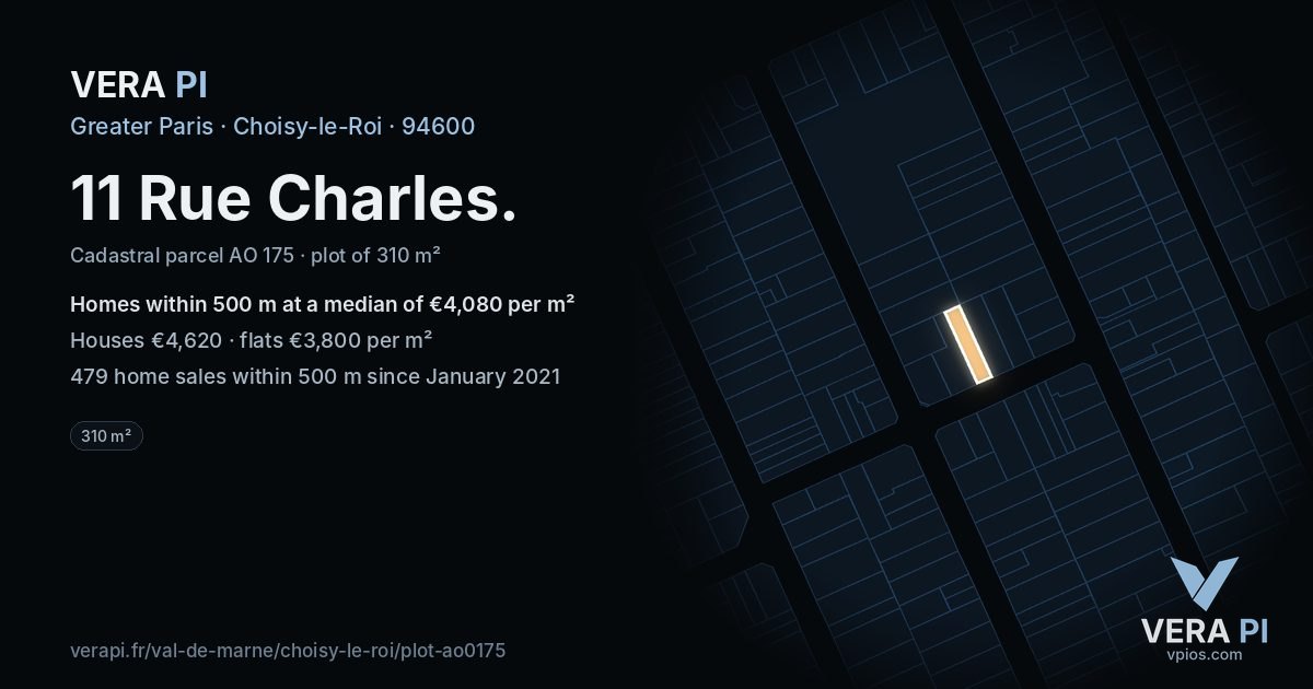 11 Rue Charles, Choisy-le-Roi at night – the plot lit, the parcels around coloured by the prices near them