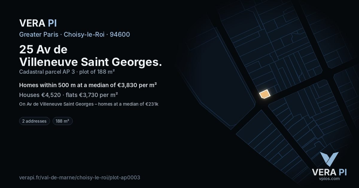 25 Av de Villeneuve Saint Georges, Choisy-le-Roi at night – the plot lit, the parcels around coloured by the prices near them