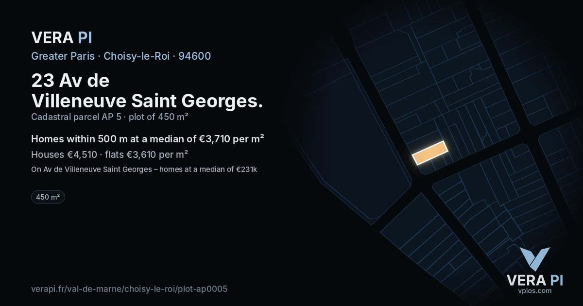 23 Av de Villeneuve Saint Georges, Choisy-le-Roi at night – the plot lit, the parcels around coloured by the prices near them