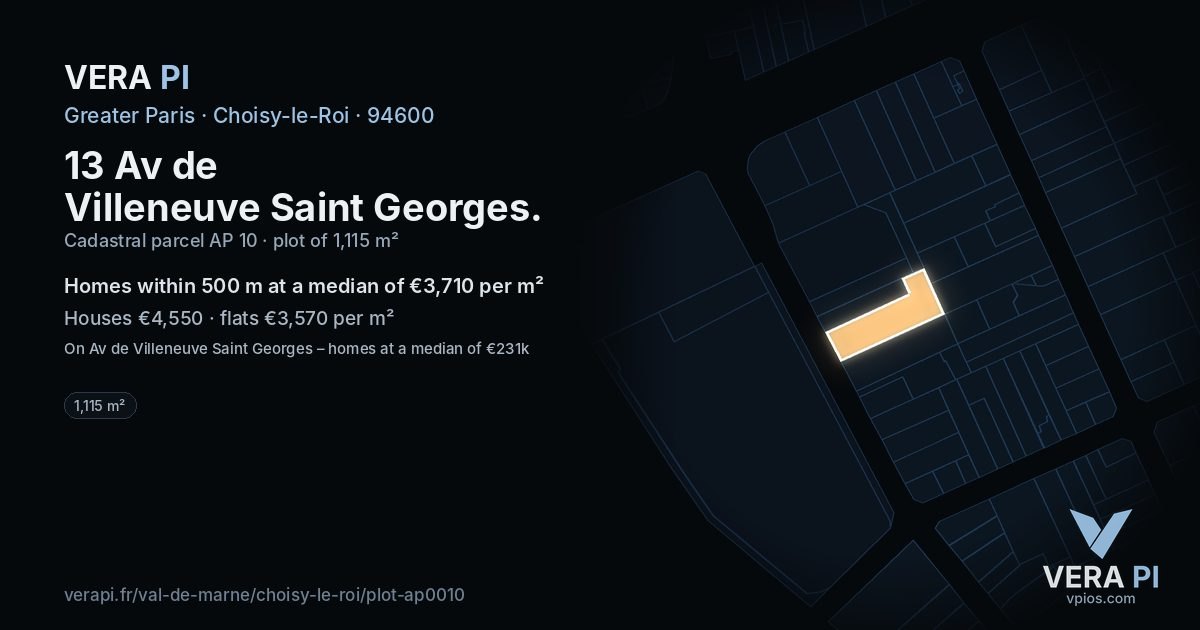 13 Av de Villeneuve Saint Georges, Choisy-le-Roi at night – the plot lit, the parcels around coloured by the prices near them