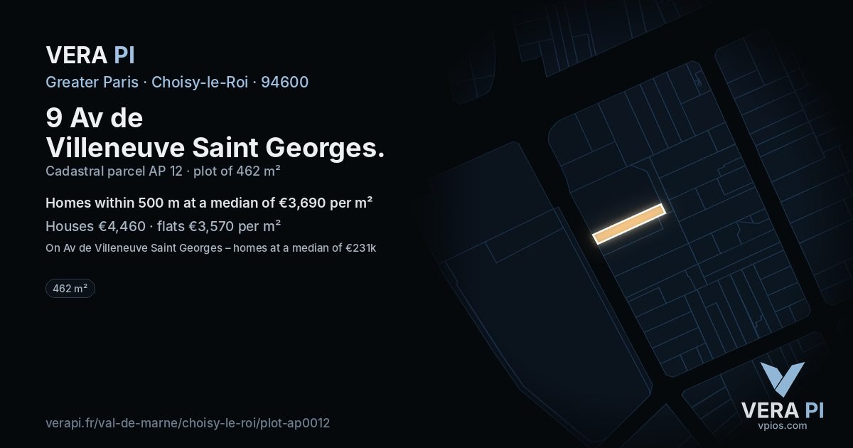 9 Av de Villeneuve Saint Georges, Choisy-le-Roi at night – the plot lit, the parcels around coloured by the prices near them
