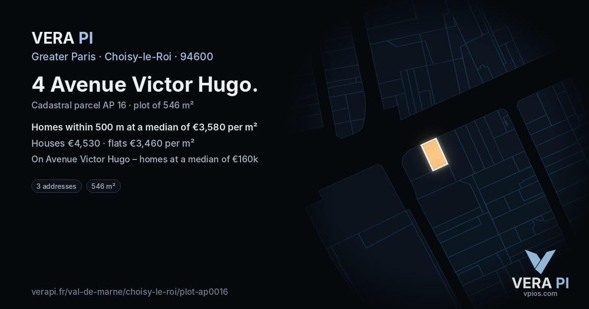 4 Avenue Victor Hugo, Choisy-le-Roi at night – the plot lit, the parcels around coloured by the prices near them