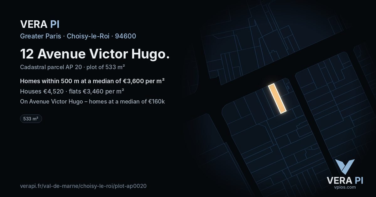 12 Avenue Victor Hugo, Choisy-le-Roi at night – the plot lit, the parcels around coloured by the prices near them