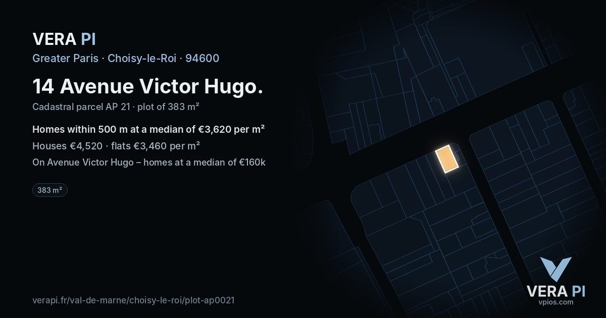 14 Avenue Victor Hugo, Choisy-le-Roi at night – the plot lit, the parcels around coloured by the prices near them