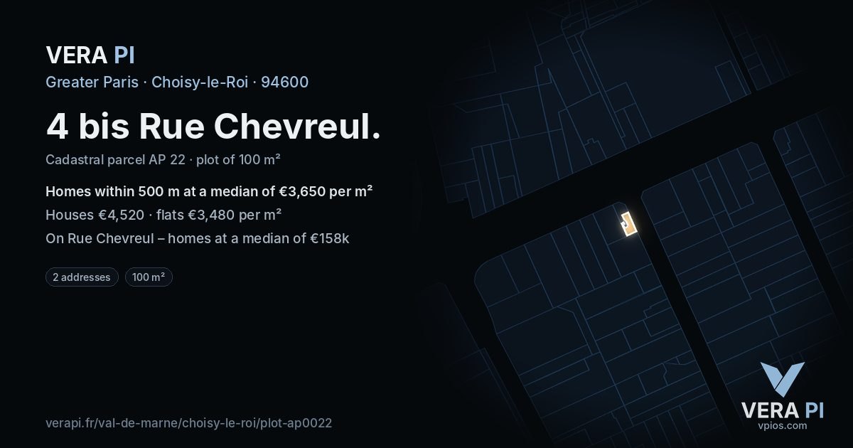 4 bis Rue Chevreul, Choisy-le-Roi at night – the plot lit, the parcels around coloured by the prices near them