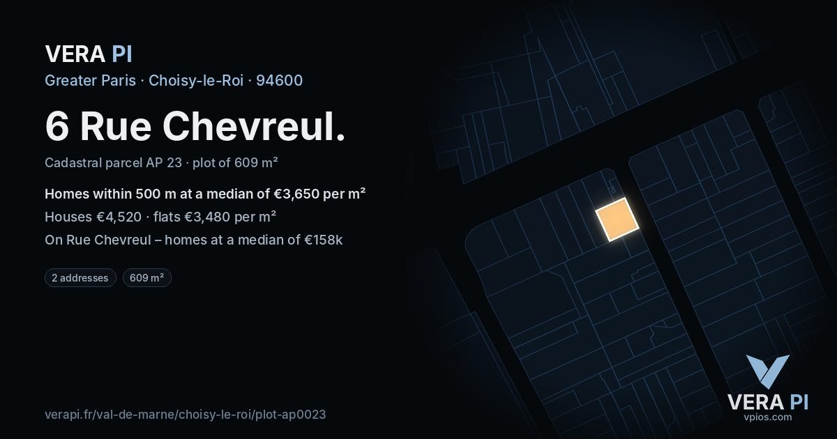 6 Rue Chevreul, Choisy-le-Roi at night – the plot lit, the parcels around coloured by the prices near them