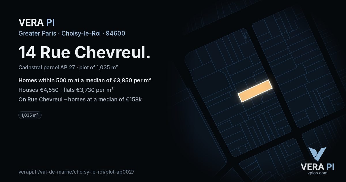 14 Rue Chevreul, Choisy-le-Roi at night – the plot lit, the parcels around coloured by the prices near them