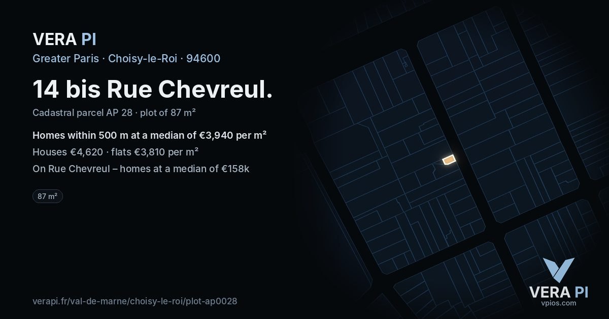 14 bis Rue Chevreul, Choisy-le-Roi at night – the plot lit, the parcels around coloured by the prices near them