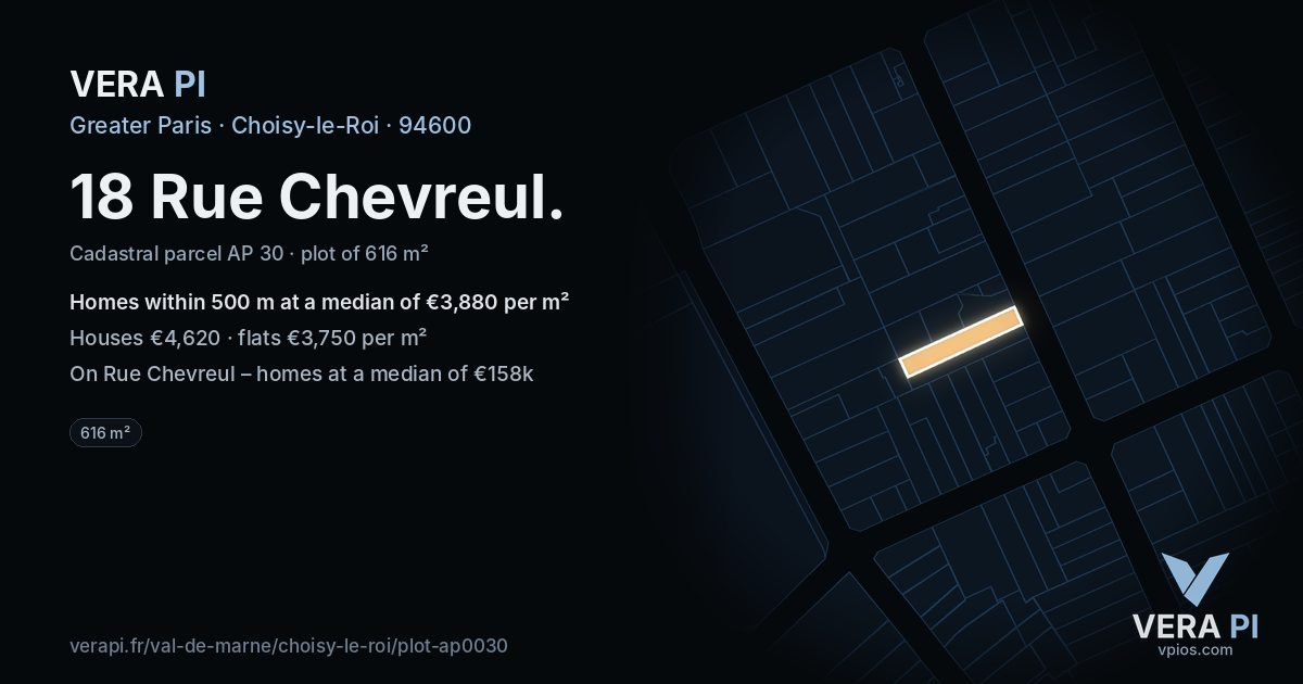 18 Rue Chevreul, Choisy-le-Roi at night – the plot lit, the parcels around coloured by the prices near them