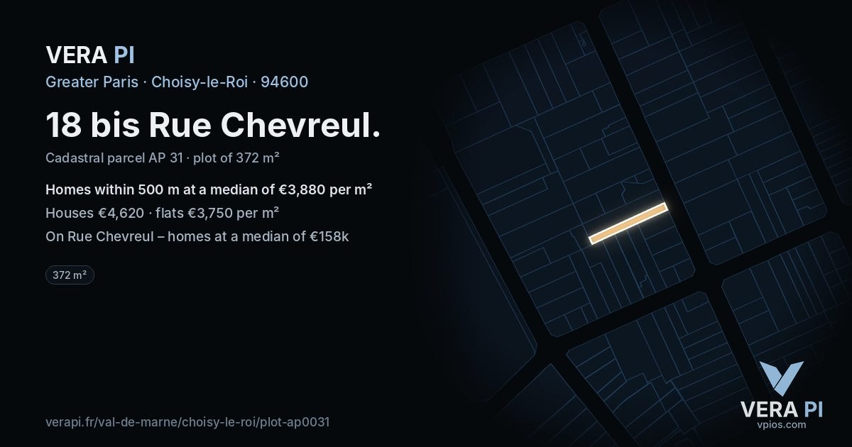 18 bis Rue Chevreul, Choisy-le-Roi at night – the plot lit, the parcels around coloured by the prices near them