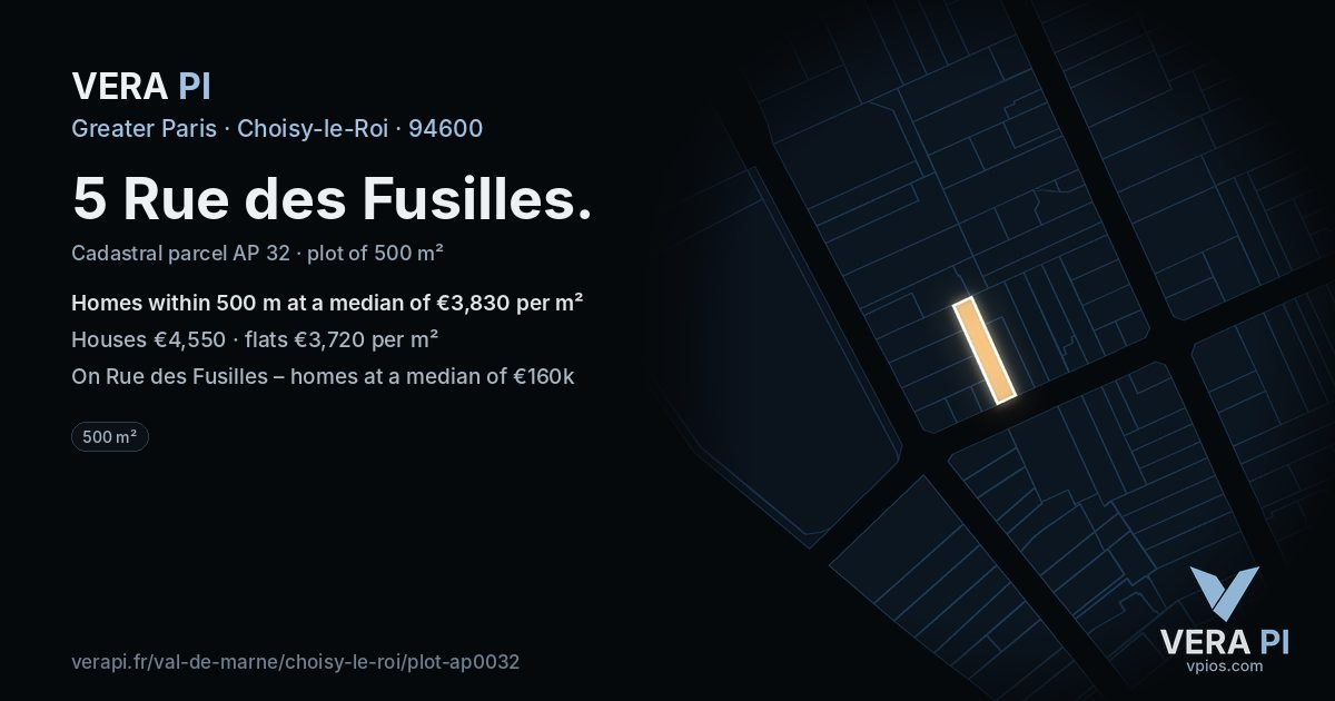 5 Rue des Fusilles, Choisy-le-Roi at night – the plot lit, the parcels around coloured by the prices near them