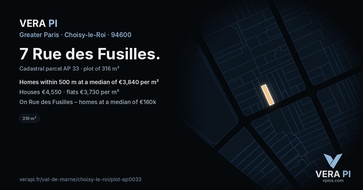 7 Rue des Fusilles, Choisy-le-Roi at night – the plot lit, the parcels around coloured by the prices near them