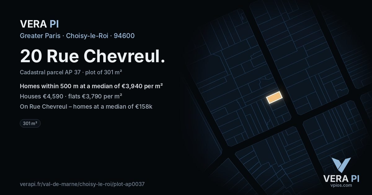 20 Rue Chevreul, Choisy-le-Roi at night – the plot lit, the parcels around coloured by the prices near them