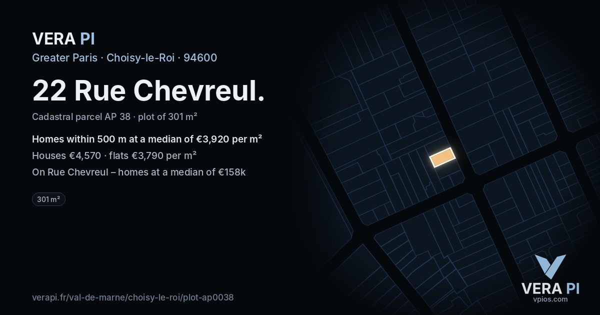 22 Rue Chevreul, Choisy-le-Roi at night – the plot lit, the parcels around coloured by the prices near them