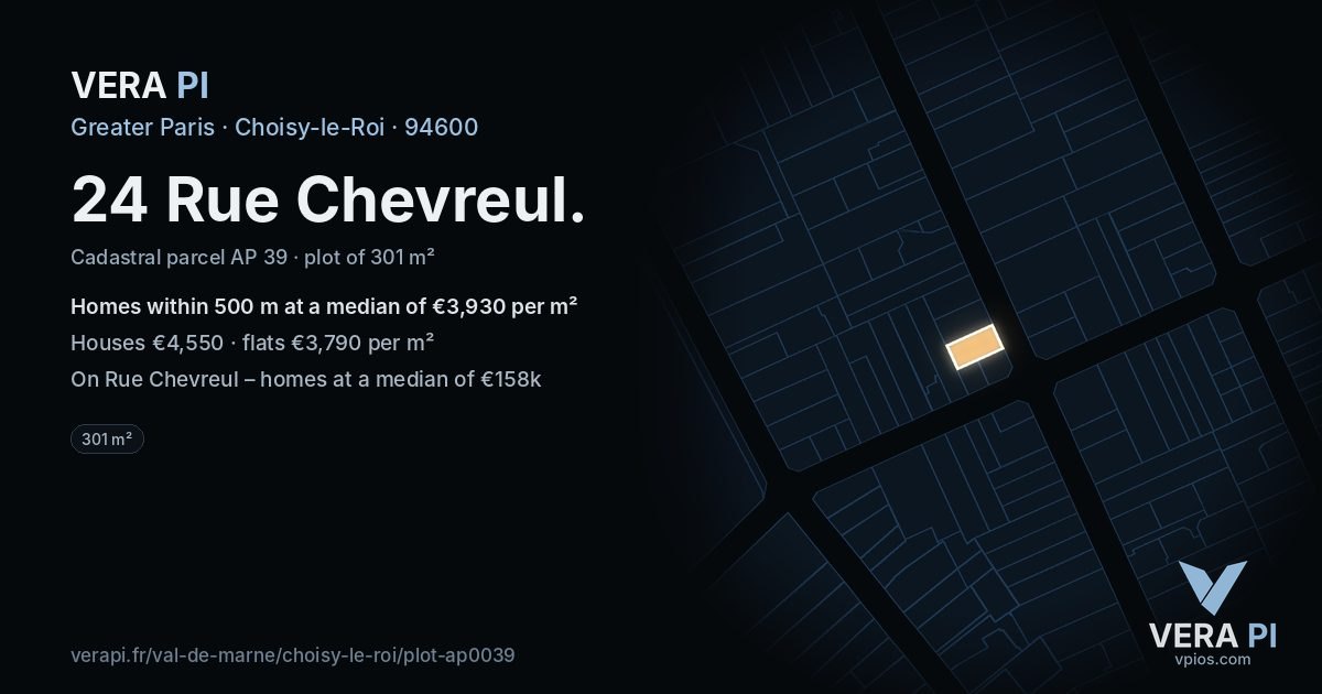 24 Rue Chevreul, Choisy-le-Roi at night – the plot lit, the parcels around coloured by the prices near them
