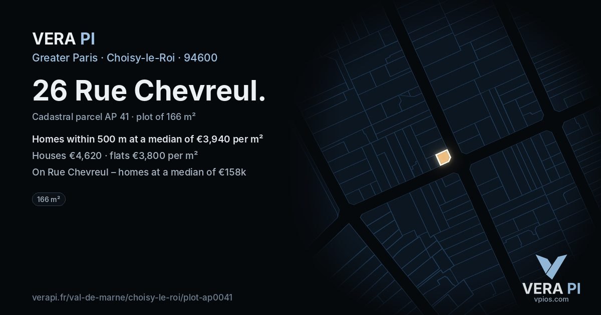 26 Rue Chevreul, Choisy-le-Roi at night – the plot lit, the parcels around coloured by the prices near them