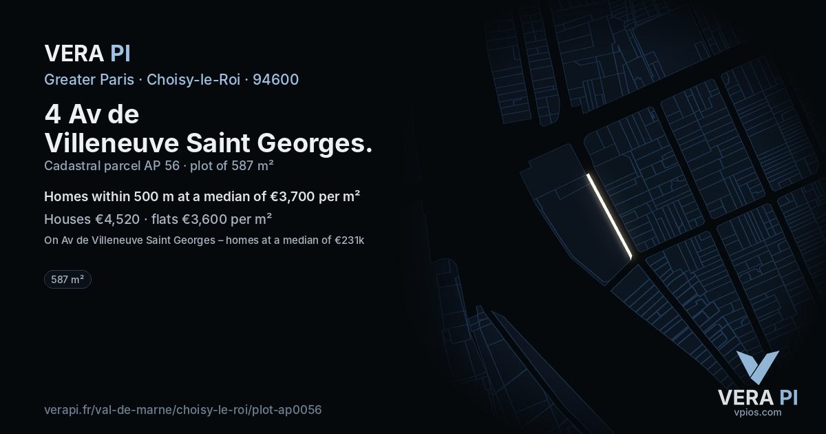 4 Av de Villeneuve Saint Georges, Choisy-le-Roi at night – the plot lit, the parcels around coloured by the prices near them