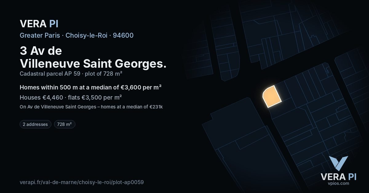 3 Av de Villeneuve Saint Georges, Choisy-le-Roi at night – the plot lit, the parcels around coloured by the prices near them