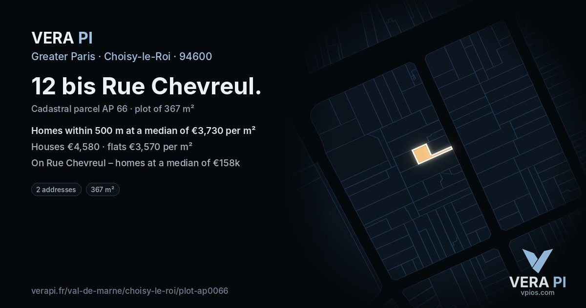 12 bis Rue Chevreul, Choisy-le-Roi at night – the plot lit, the parcels around coloured by the prices near them