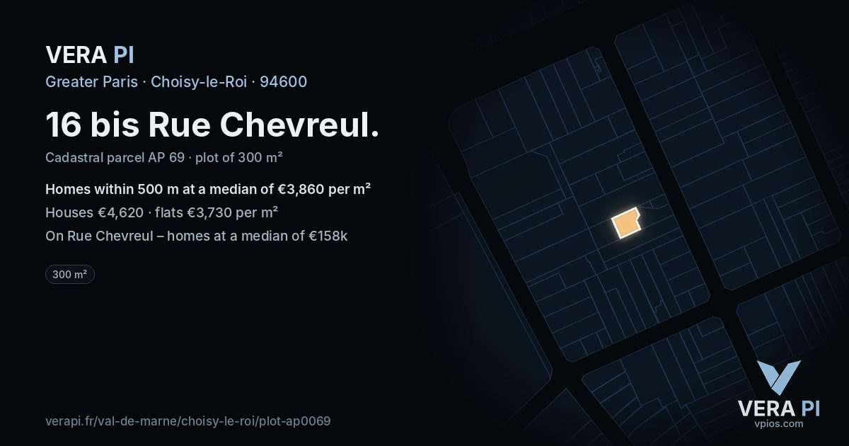 16 bis Rue Chevreul, Choisy-le-Roi at night – the plot lit, the parcels around coloured by the prices near them