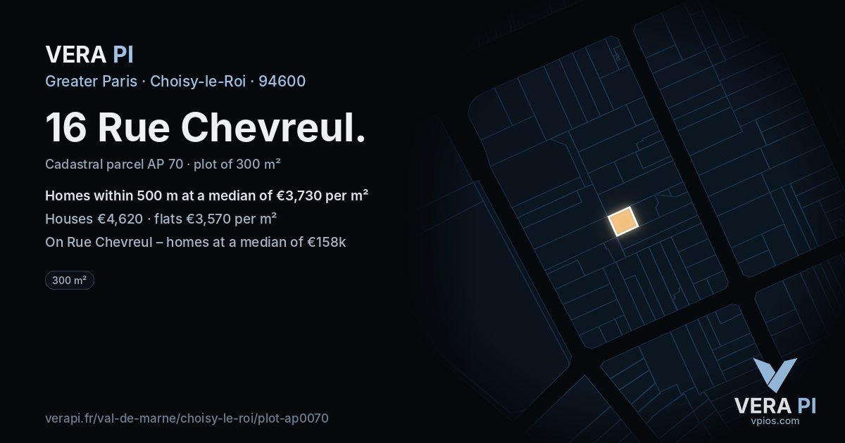 16 Rue Chevreul, Choisy-le-Roi at night – the plot lit, the parcels around coloured by the prices near them