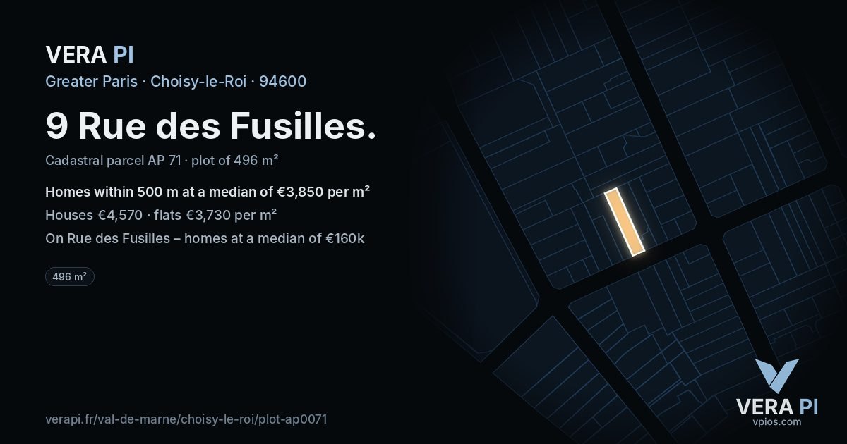9 Rue des Fusilles, Choisy-le-Roi at night – the plot lit, the parcels around coloured by the prices near them
