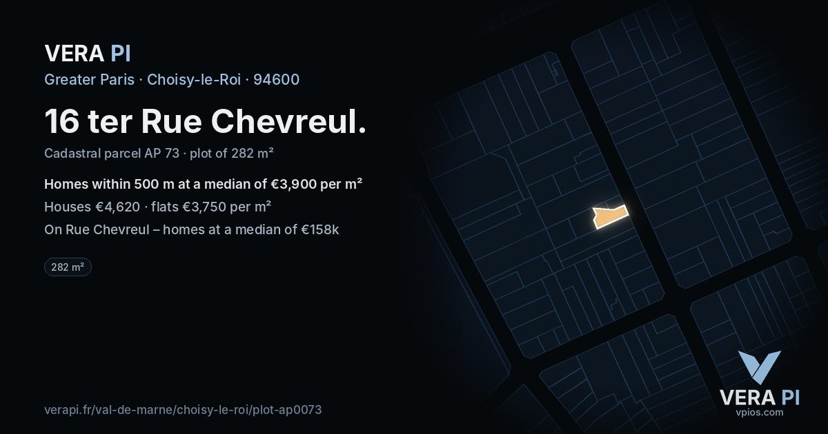 16 ter Rue Chevreul, Choisy-le-Roi at night – the plot lit, the parcels around coloured by the prices near them