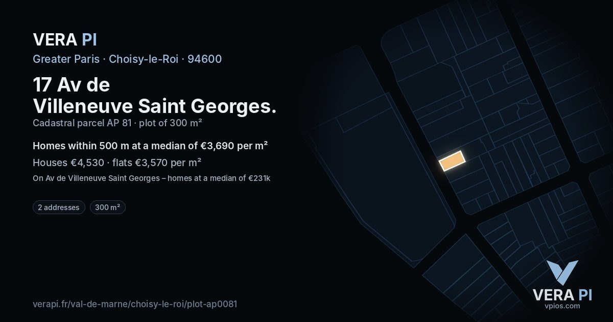 17 Av de Villeneuve Saint Georges, Choisy-le-Roi at night – the plot lit, the parcels around coloured by the prices near them