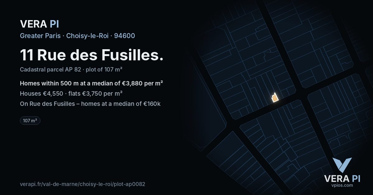 11 Rue des Fusilles, Choisy-le-Roi at night – the plot lit, the parcels around coloured by the prices near them
