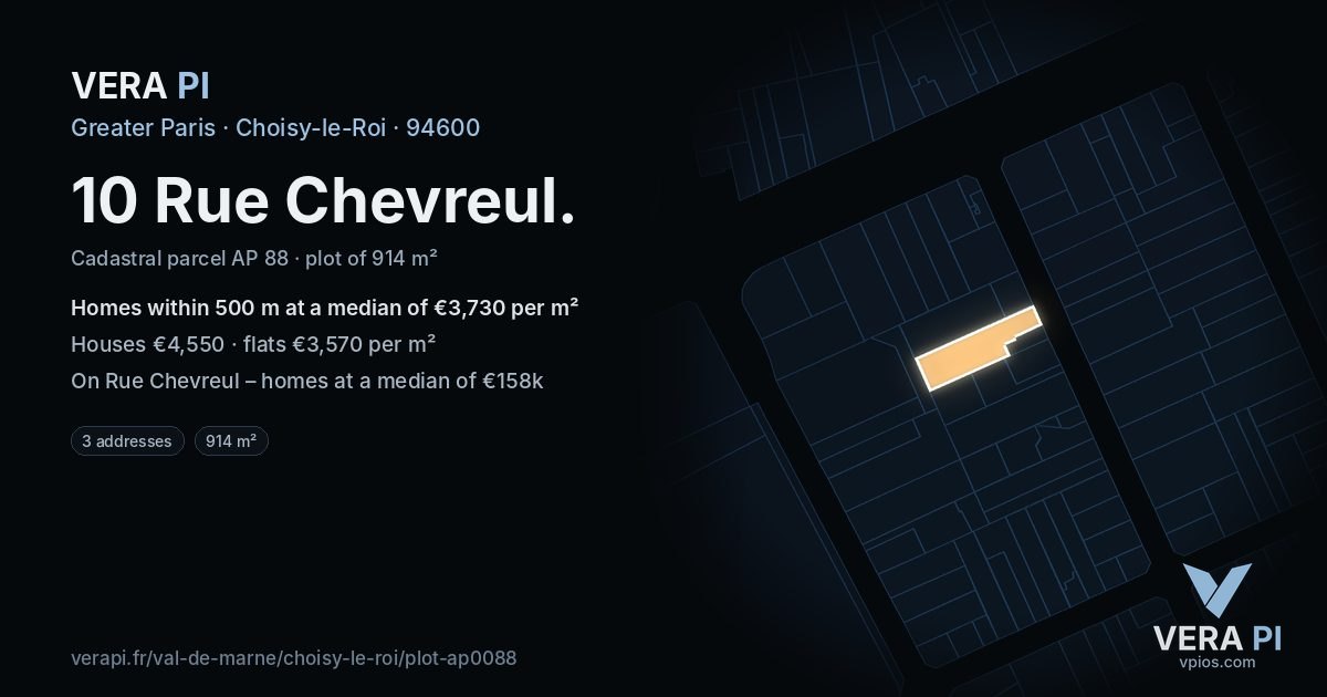 10 Rue Chevreul, Choisy-le-Roi at night – the plot lit, the parcels around coloured by the prices near them