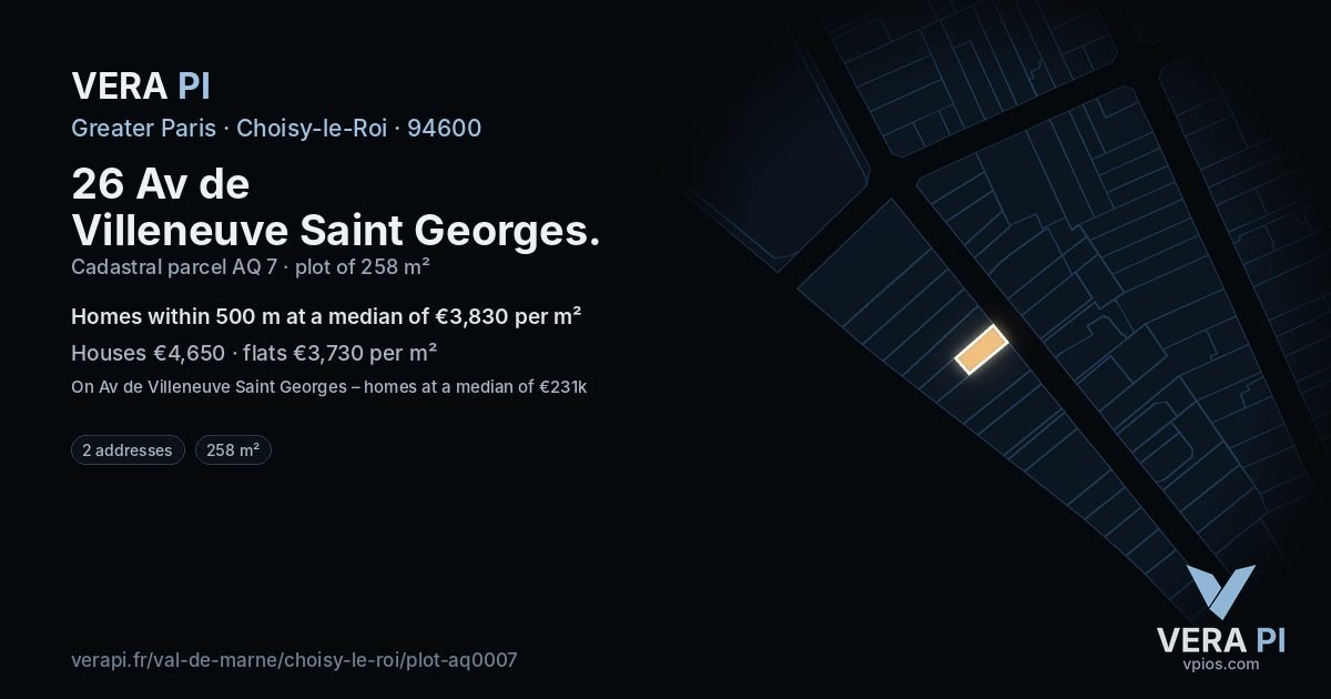 26 Av de Villeneuve Saint Georges, Choisy-le-Roi at night – the plot lit, the parcels around coloured by the prices near them