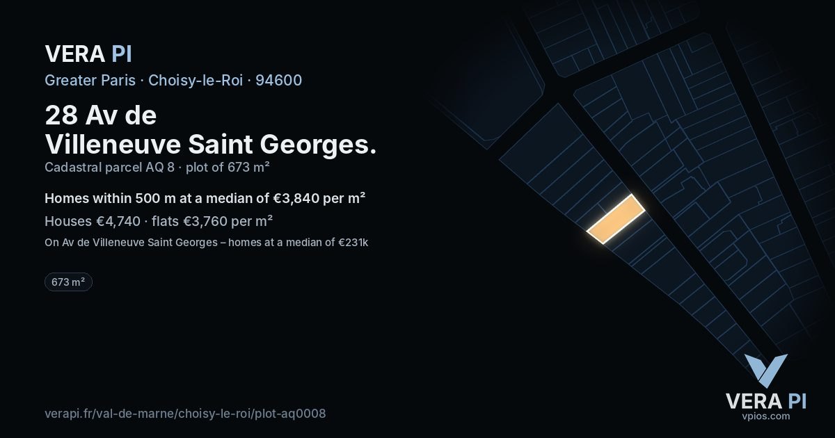28 Av de Villeneuve Saint Georges, Choisy-le-Roi at night – the plot lit, the parcels around coloured by the prices near them