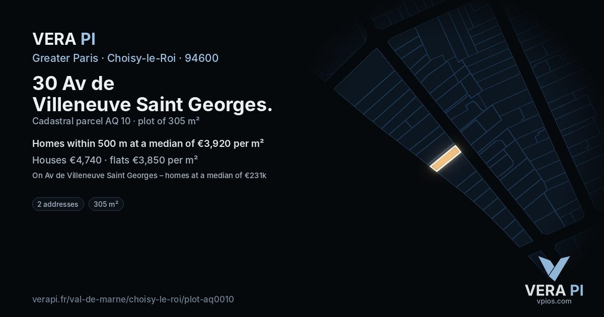 30 Av de Villeneuve Saint Georges, Choisy-le-Roi at night – the plot lit, the parcels around coloured by the prices near them