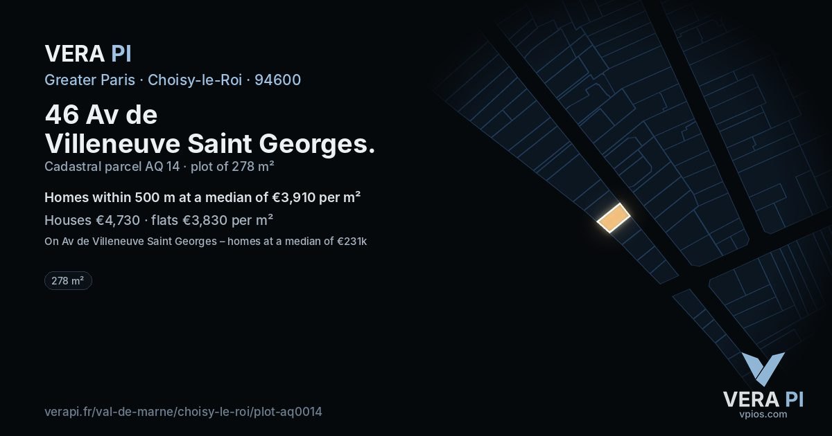 46 Av de Villeneuve Saint Georges, Choisy-le-Roi at night – the plot lit, the parcels around coloured by the prices near them