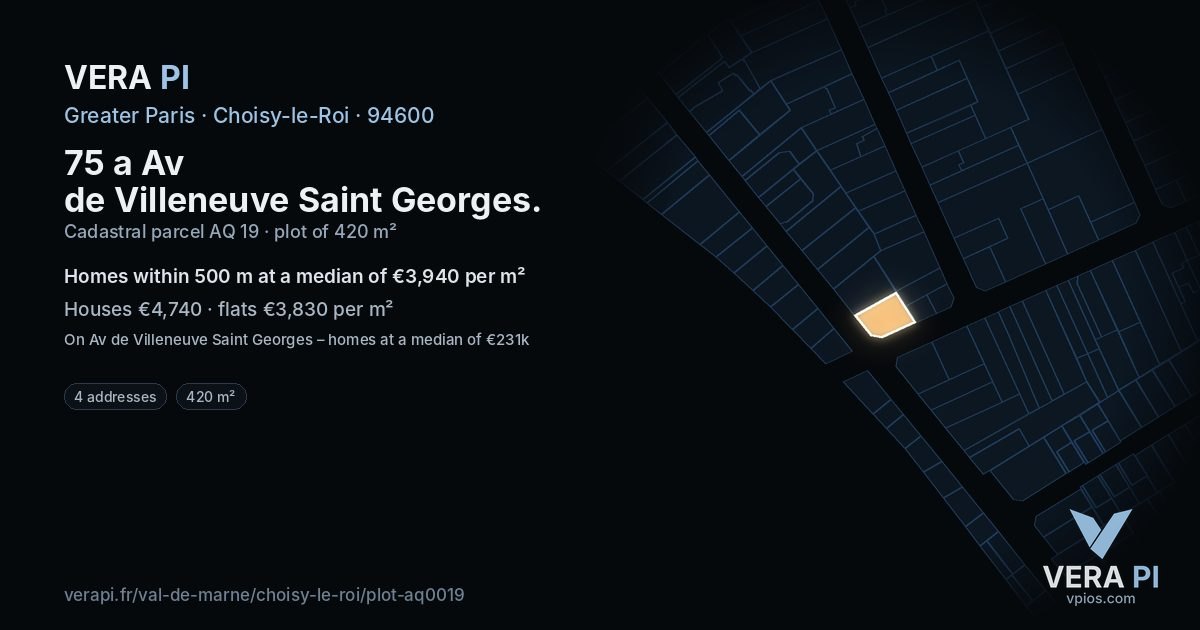 75 a Av de Villeneuve Saint Georges, Choisy-le-Roi at night – the plot lit, the parcels around coloured by the prices near them