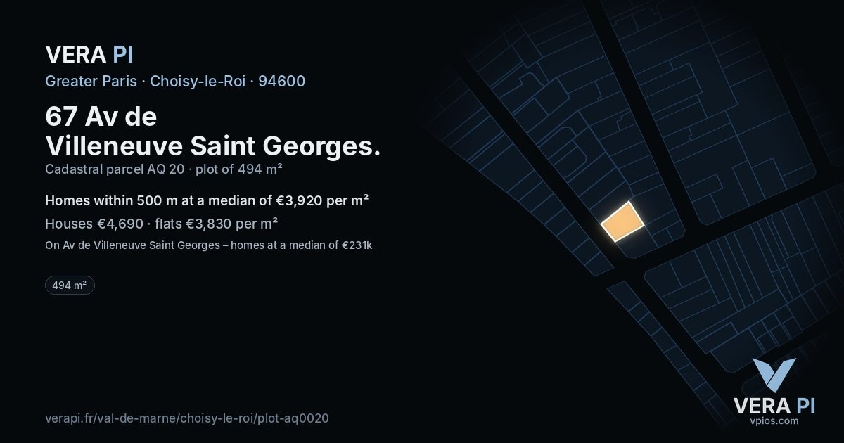 67 Av de Villeneuve Saint Georges, Choisy-le-Roi at night – the plot lit, the parcels around coloured by the prices near them