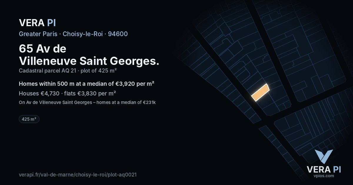 65 Av de Villeneuve Saint Georges, Choisy-le-Roi at night – the plot lit, the parcels around coloured by the prices near them